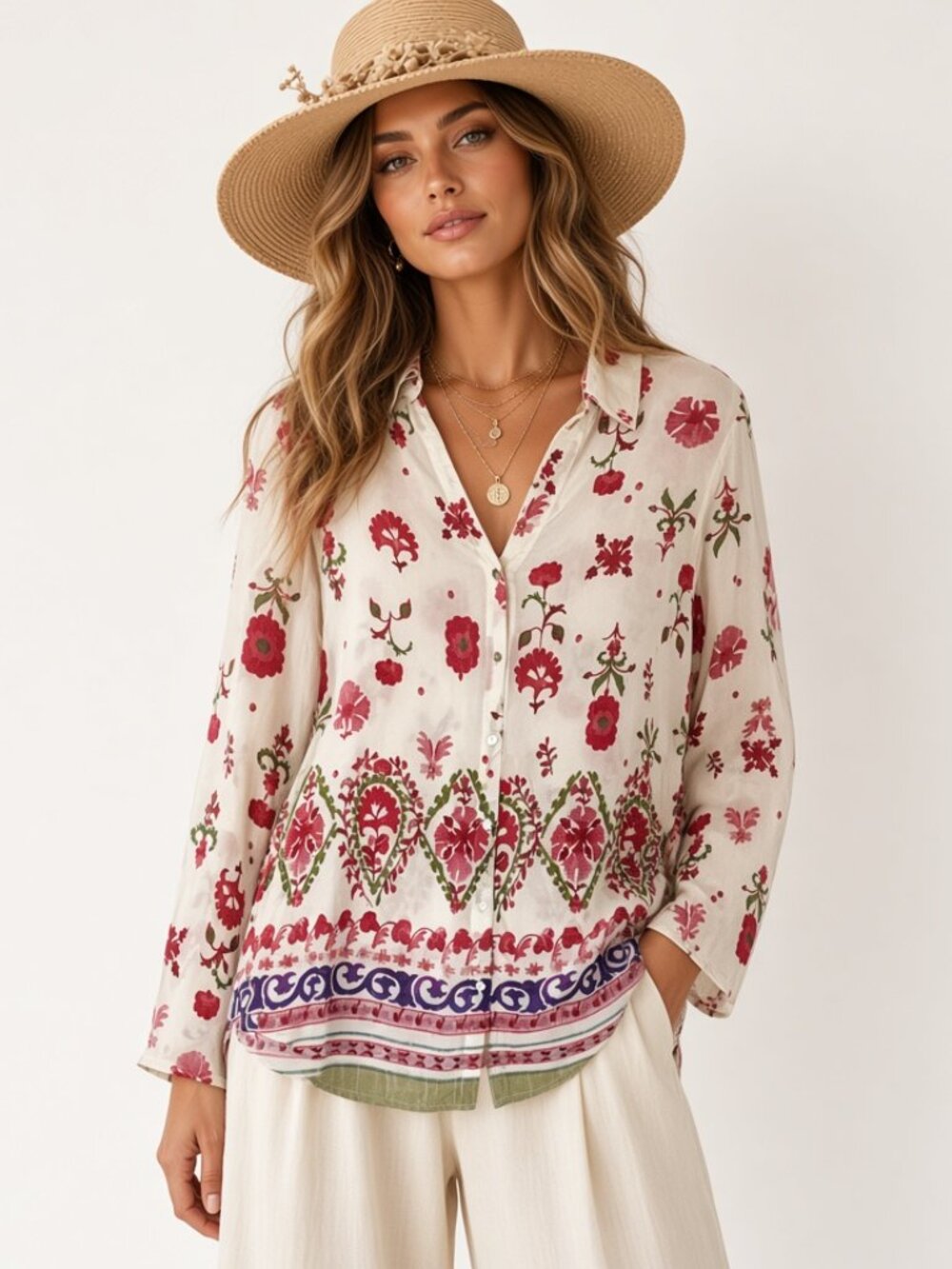 New ZARA Ivory Pink Floral Long Sleeve Bohemian Boho Shirt Blouse Tunic Top